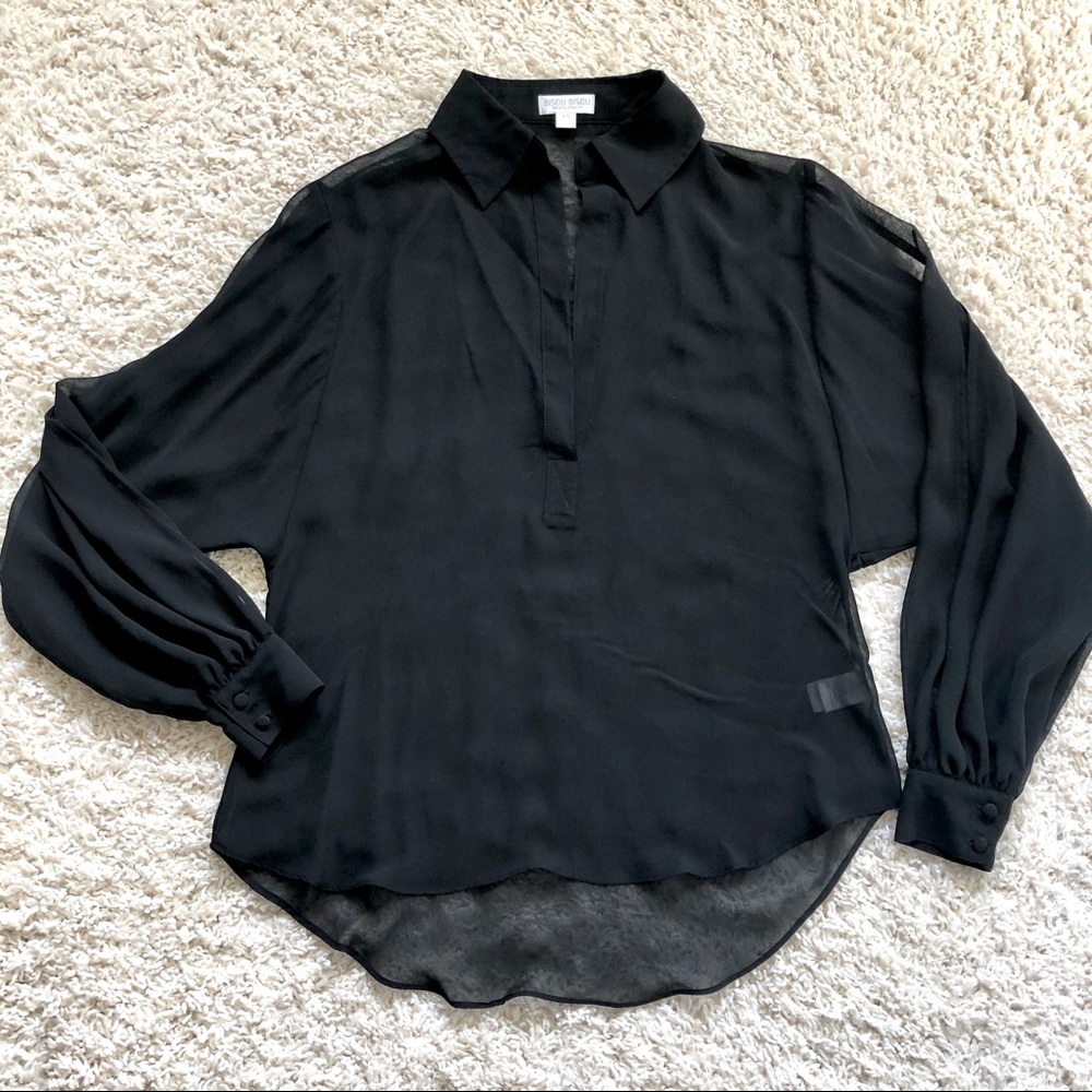 Bisou Sheer Cold Shoulder Hi Lo Blouse - Picture 6 of 8